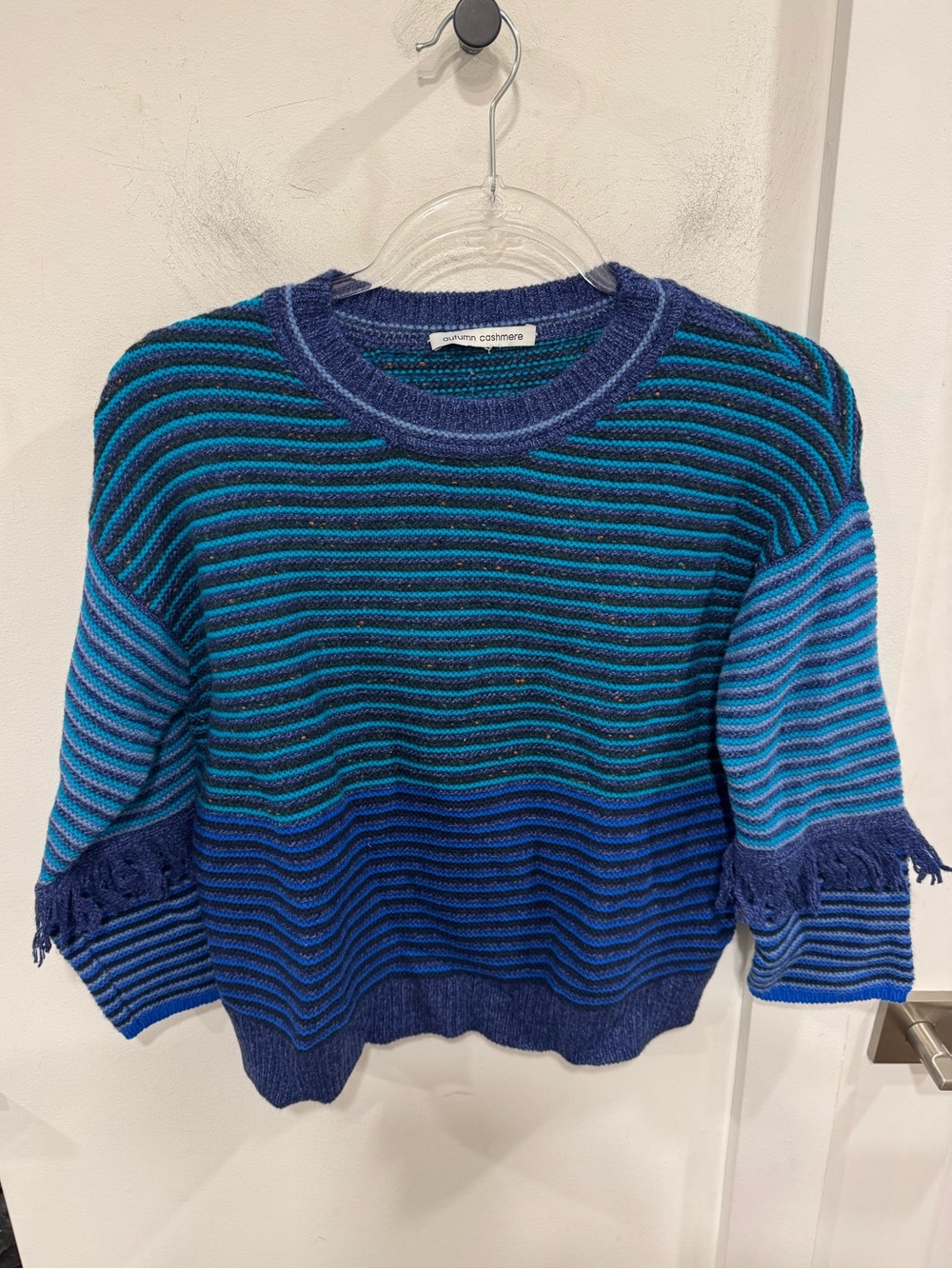 Autumn Cashmere Striped Crewneck Sweater in Navy and Teal